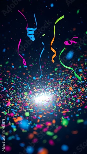 Colorful confetti and streamers raining down, celebratory scene on a dark background. Vibrant, festive background for announcements, celebrations, and events. 