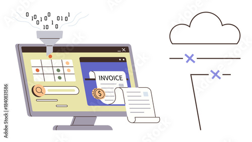 Computer screen displaying invoice processing, data funnel, cloud integration, and search feature. Ideal for finance, technology, workflow automation, data analysis, cloud services business