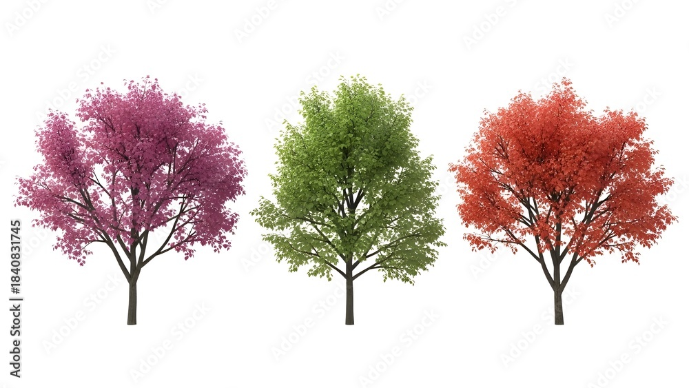 Fototapeta premium Three distinct trees showcasing vibrant foliage in shades of red purple and green against a white background