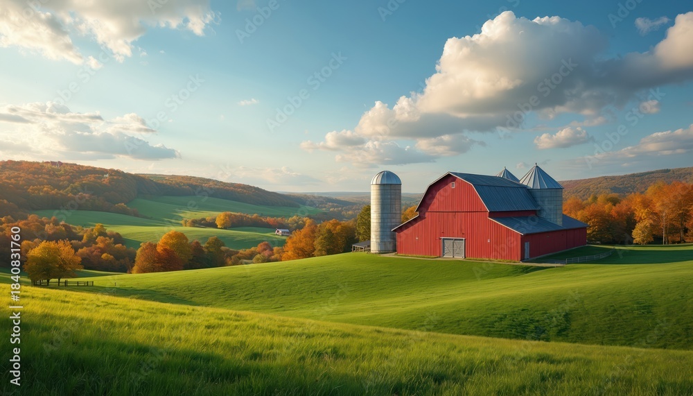 Obraz premium Red barn sits on rolling green hills under a blue sky with white clouds. Autumn trees with orange and yellow leaves surround the farmland. Silos stand beside the barn.