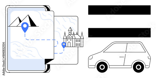 Digital map with route marked between mountains and castle, blue location pins, and a car. Ideal for travel planning, navigation apps, road trips, landmarks, journey mapping, tourism adventure