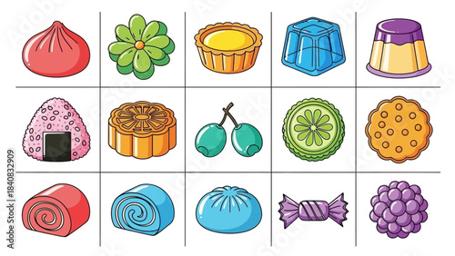 A vibrant grid illustration featuring 15 diverse cartoon food items, including various desserts, snacks, fruits, and pastries, presented in a colorful and playful vector art style.