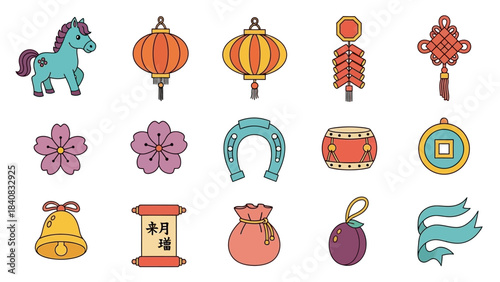 A collection of colorful illustrations depicting various Chinese New Year and good luck symbols, including lanterns, a horse, firecrackers, and a Chinese knot.