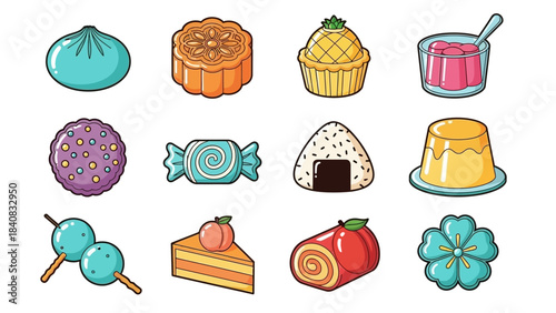 A collection of various colorful Asian desserts and snacks, including mooncakes, steamed buns, dango, and cakes, illustrated in a cute cartoon style.