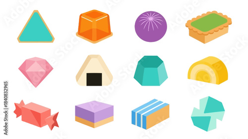 A collection of colorful, stylized, and abstract geometric shapes resembling various candies, desserts, and food items arranged on a white background.