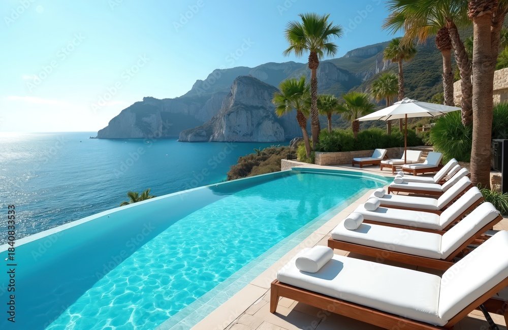 Fototapeta premium Luxury infinity pool overlooks blue sea near mountains. Lounge chairs and palm trees are set by water. Resort offers calm relaxation on sunny day.
