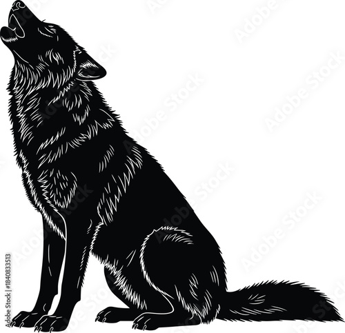 Detailed Black Silhouette Vector of a Wild Wolf Sitting on Its Haunches and Howling at the Moon, Symbolizing Wilderness, Freedom, Nature, Power, and the Majestic Spirit of the Wild.