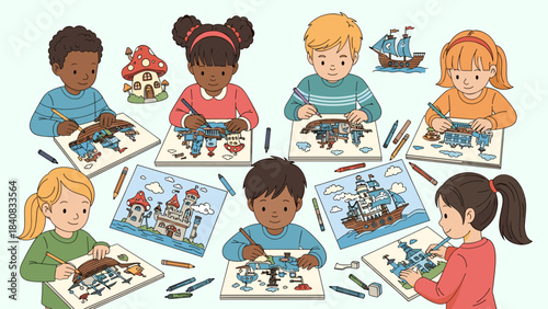 Happy Diverse Kids Drawing and Coloring Fantasy Scenes with Crayons, Promoting Creativity, Imagination, and Learning in a Fun Educational Activity