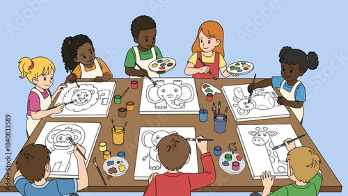 Diverse Group of Children Engaged in an Art Class, Painting Animal Outlines with Brushes and Palettes, Fostering Creativity and Learning Together