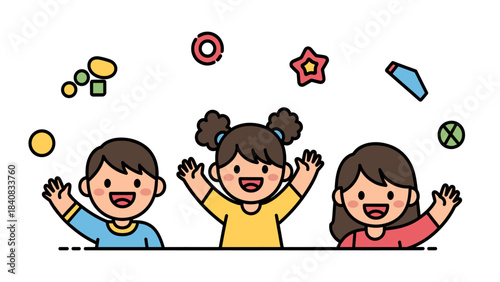 Joyful Group of Diverse Children Waving with Colorful Floating Geometric Shapes. Happy Kids Playtime, Flat Vector Illustration.