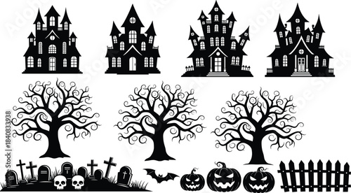 Halloween graphic vector set including haunted spooky houses, gnarled bare trees, tombstones with skulls, carved pumpkins, and a flying bat, scary black and white silhouettes for holiday decoration.