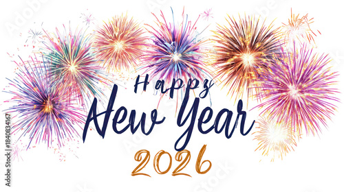 Elegant Happy New Year script with colorful fireworks burst elements, soft glowing highlights, festive spark trails, and a clean white background.