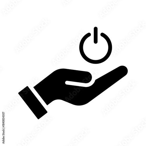 Hand, power button. Provide initiative. Vector linear icon, white background, eps10