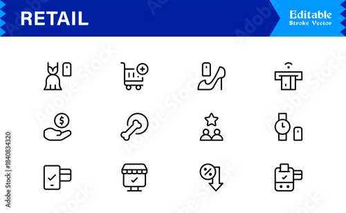 Retail industry line icon set with professional modern minimalist design, unique vector outline icons collection for business, commerce, shopping, and sales, premium quality pack