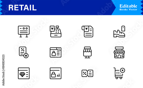 Retail industry line icon set with professional modern minimalist design, unique vector outline icons collection for business, commerce, shopping, and sales, premium quality pack