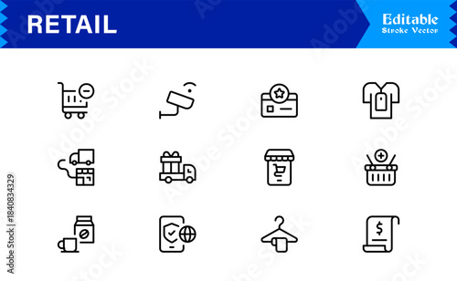 Retail industry line icon set with professional modern minimalist design, unique vector outline icons collection for business, commerce, shopping, and sales, premium quality pack
