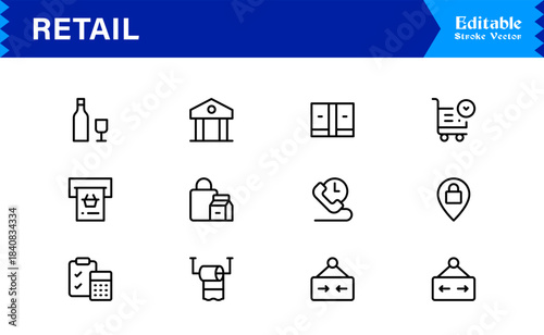Retail industry line icon set with professional modern minimalist design, unique vector outline icons collection for business, commerce, shopping, and sales, premium quality pack