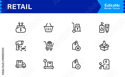 Retail industry line icon set with professional modern minimalist design, unique vector outline icons collection for business, commerce, shopping, and sales, premium quality pack