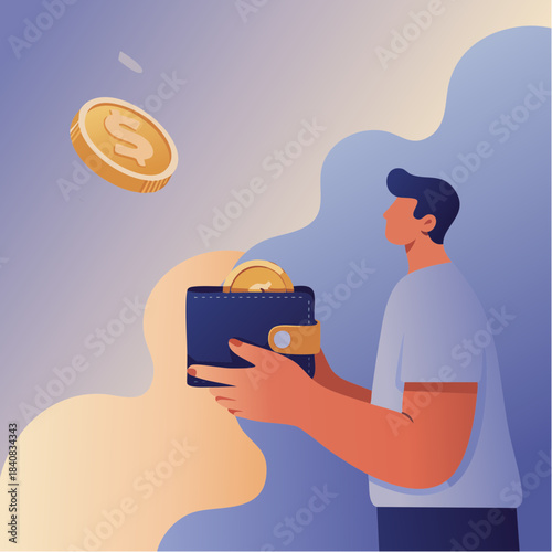wallet and floating dollar coins in modern blue-peach gradient of stylized savings and financial motion
