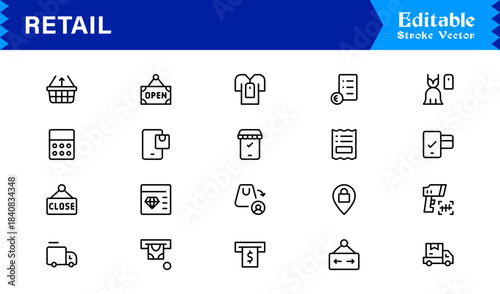 Retail industry line icon set with professional modern minimalist design, unique vector outline icons collection for business, commerce, shopping, and sales, premium quality pack