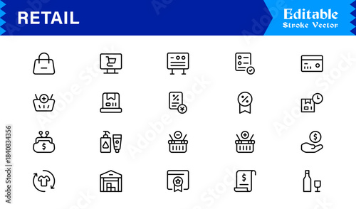 Retail industry line icon set with professional modern minimalist design, unique vector outline icons collection for business, commerce, shopping, and sales, premium quality pack