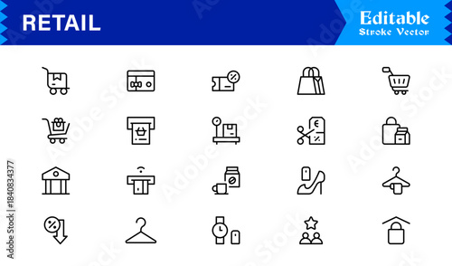 Retail industry line icon set with professional modern minimalist design, unique vector outline icons collection for business, commerce, shopping, and sales, premium quality pack