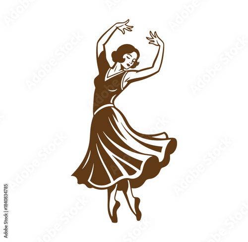 Elegant silhouette of a ballerina dancing gracefully with upward arms on a white background