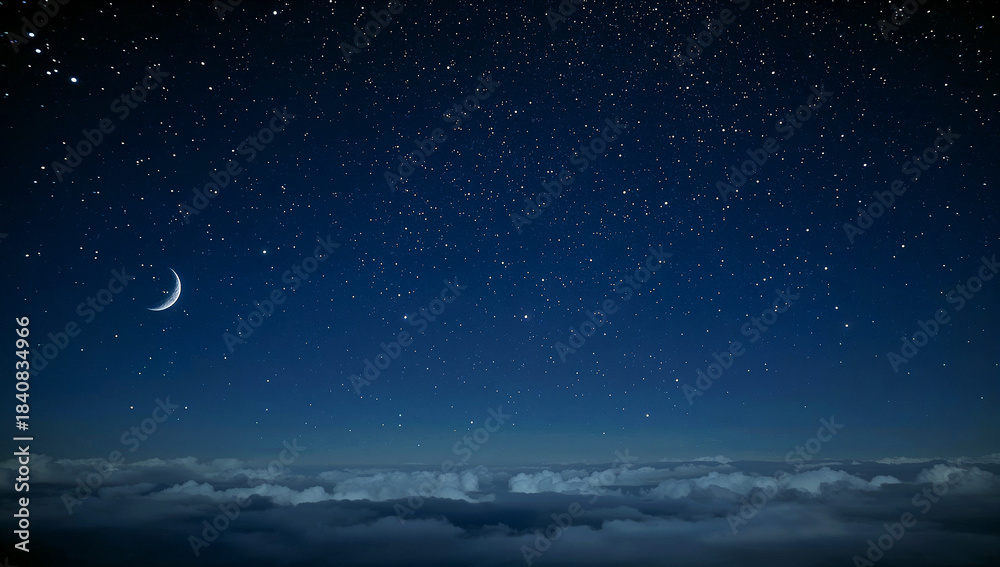 Fototapeta premium Crescent moon and stars in dreamy cloudy night sky