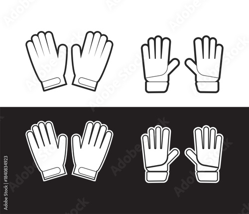 Black and white vector illustration set featuring four pairs of stylized goalie gloves for football or soccer gear design element collection.
