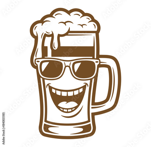 Smiling beer mug character wearing sunglasses celebrating fun times and happy moments