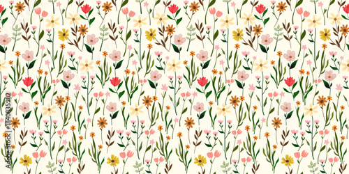 Seamless floral pattern with flowers and leaves for wallpaper and decoration. Seamless pattern suitable for fabric patterns, handmade floral backgrounds.