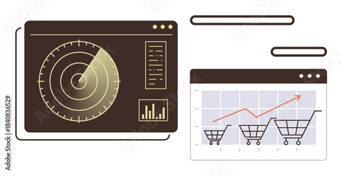 Radar screen with scanning interface and graph showing rising sales data in shopping carts. Ideal for e-commerce, data analysis, web analytics, market trend, business monitoring, sales tracking