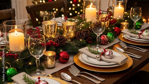 Christmas table setting with candles and christmas ornaments on wooden table