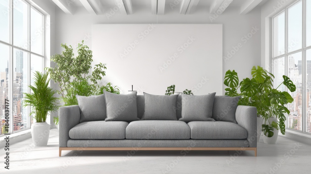 Fototapeta premium Modern Living Room with Grey Sofa, Green Plants, White Walls, and Large Windows in Contemporary Home