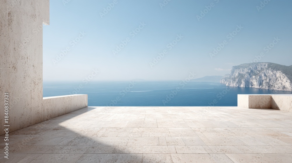 Naklejka premium Luxury Seaside Villa Terrace with Ocean View, Sunny Day, Ideal for Travel and Real Estate Marketing