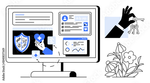 Cybersecurity, data protection, digital identity, online health services, access control, secure technology. A desktop screen with health and keys symbols. Cybersecurity and data protection