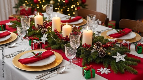 Festive table setting with candles and Christmas decorations at home, closeup