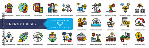 Energy Crisis Lineal Color Icon Collection. Rising Gas, Wind Power, Green Energy, Nuclear Energy, Smart Grid, Energy Efficiency