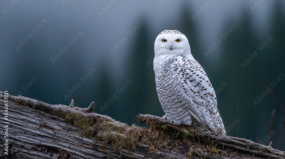 Fototapeta premium Snowy Owl Perched on Log, Majestic Bird of Prey in Natural Habitat