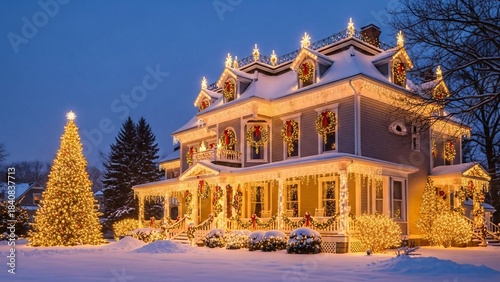 Beautiful Christmas decorations in the yard of a house in winter.