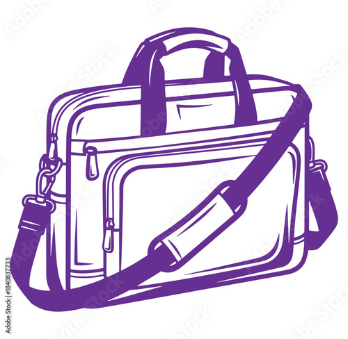 Illustrated purple briefcase with shoulder strap for business or professional use isolated