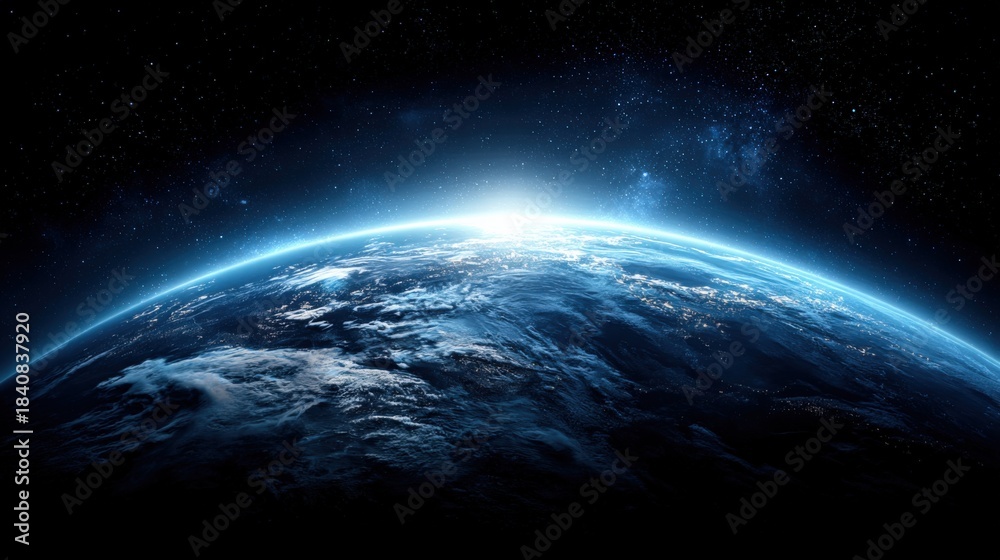 Fototapeta premium Earth From Space With Blue Light Effect Revealing City Lights and Cloud Formations