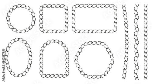 Set of rope borders in different shapes—square, wavy, circular, and oval. Isolated on white background. Vector design elements created with rope brush style.