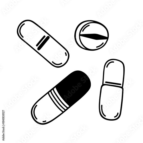 Medicine vector illustration set. Pill, capsule, round tablet with a score line. Pharmaceutical drugs, vitamins, dietary supplements, painkillers. Hand drawn clipart, black and white isolated doodle
