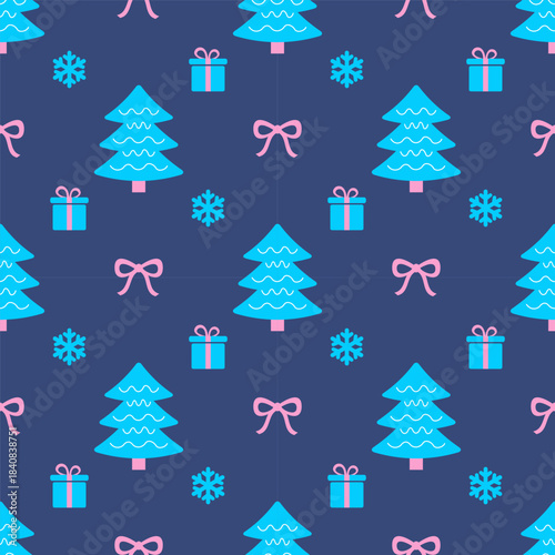 Winter Сhristmas pattern with decorative elements: Christmas trees, bows, gifts, snowflakes. Pattern for textile and fabric, wrapping paper