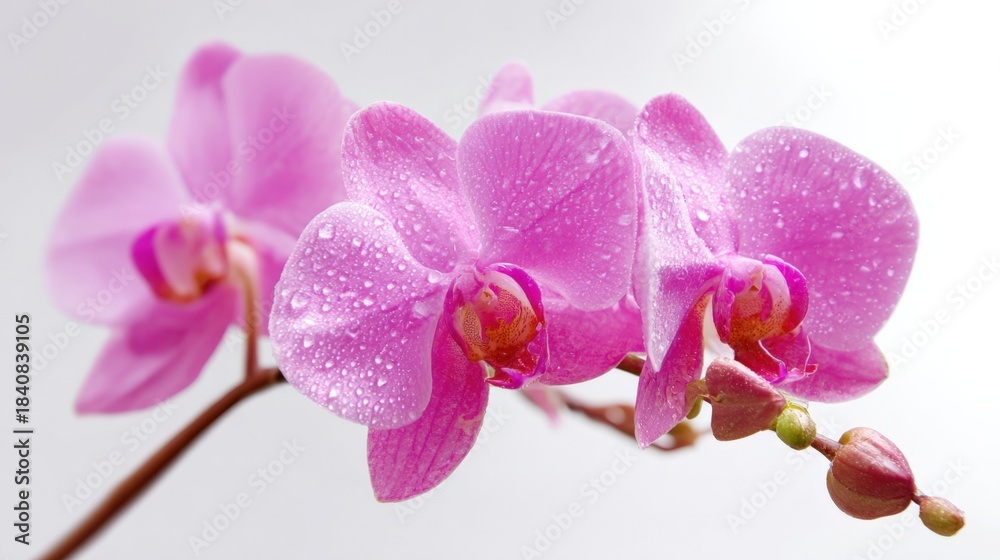 Fototapeta premium Delicate Pink Orchid Blooms with Water Droplets, Exhibiting Floral Beauty and Freshness in Macro Detail