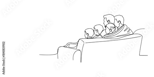 Continuous one line of a family watching a movie together on a couch, symbolizing relaxation, connection, and cozy moments, hand drawn vector illustration.