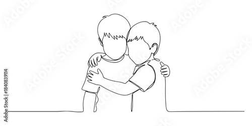 Continuous one line of a sibling hugging gently, symbolizing support, comfort, and meaningful relationships, hand drawn vector illustration.