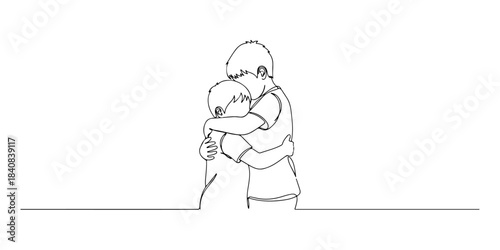 Continuous one line of a sibling hugging gently, symbolizing support, comfort, and meaningful relationships, hand drawn vector illustration.