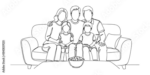 Continuous one line of a family watching a movie together on a couch, symbolizing relaxation, connection, and cozy moments, hand drawn vector illustration.